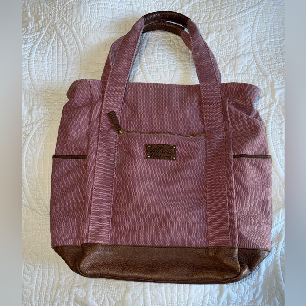 L.L. Bean Tote Canvas Bag Pink with Leather Bottom And Handles Rare Vintage - Picture 5 of 16